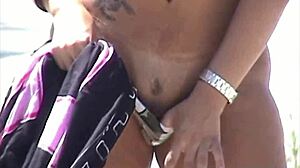 Exhibitionism on beaches with thong and shorts stuffed in big ass