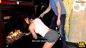 Husband fucks his cute brunette helper to solve her problem.