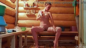 Babe washes body, fingers pussy solo.