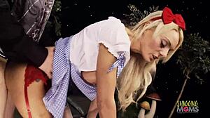 Busty Milf Rides Cock Sideways, Moaning with Shaved Pussy