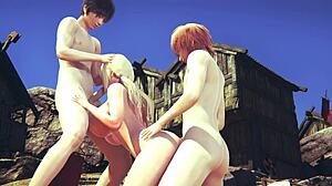 Tsunade in Naruto hentai blowjob threesome with creampie