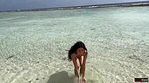 Beauty Pees On Maldives Beach! Golden Shower On Glasses!