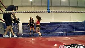 Wrestling lesbians strapon fuck in match