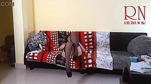 Secretary teases boss with tender pussy striptease on office sofa