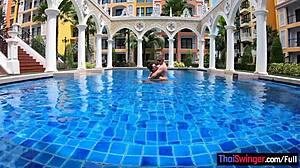 Big Tits Thai Girlfriend Gives Pool Blowjob