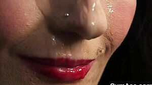 frisky peach swallows sperm on her face