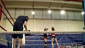 Wrestling lesbians strapon fuck in match