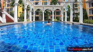 Big Tits Thai Girlfriend Gives Pool Blowjob