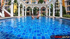 Big Tits Thai Girlfriend Gives Pool Blowjob