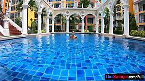 Big Tits Thai Girlfriend Gives Pool Blowjob