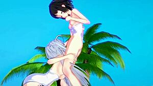 Miku and Laura in cute outfits playing lesbian in 3D hentai