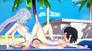 Miku and Laura in cute outfits playing lesbian in 3D hentai