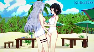 Miku and Laura in cute outfits playing lesbian in 3D hentai