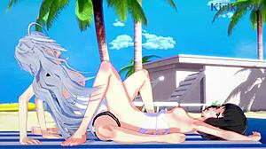 Miku and Laura in cute outfits playing lesbian in 3D hentai