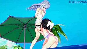 Miku and Laura in cute outfits playing lesbian in 3D hentai