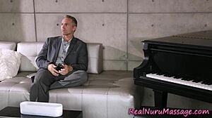 brunette babe tugs for cum during nuru massage.