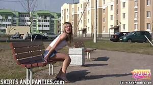 Babe flashes panties under skirt in upskirt view, amateurs watch excitedly!