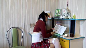 In the classroom, the student jerks off, squirting and cumming hard.