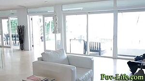 Teen brunette pussy pounded in pov with big cock blowjob cumshot