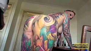 fully tattooed subslut getting her mouth slammed in doggystyle by rough dom, spanking and cum 😈