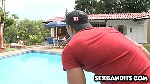 Mature brunette slut fucks young guy hard with big tits