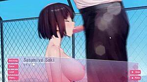 schoolgirl gives blowjob while masturbating in hgame