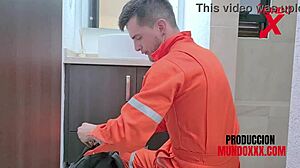The plumber passionately fucks the mistress, filling her mouth with cum.