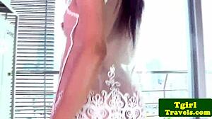 Amateur asian tranny teasing herself while jerking off solo in her room