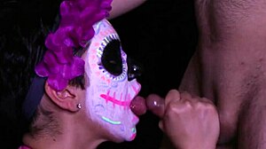 Brunette Wife Gives Blowjob And Facial On Halloween