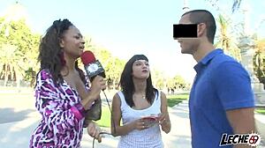 wet shirt brunette licks big cock outdoor in spanish scene