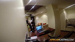 Curly black babe nails interracial casting with intense blowjob! 💦