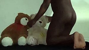 threesome fun with brown and caucasian furry toy bears