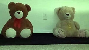 threesome fun with brown and caucasian furry toy bears