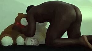 threesome fun with brown and caucasian furry toy bears