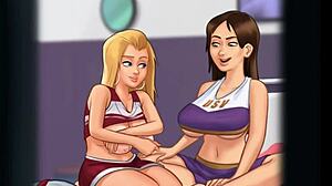 Summertime Saga - Pervert Neighbour Watches Her And Her Slutty Friend Show Off Their Big Perky Boobs Wearing Cheerleader Uniforms
