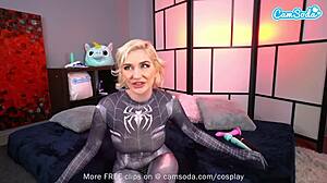 blonde teen 18+ cosplay as spider girl masturbates on camsoda cam with toys, reaching orgasm
