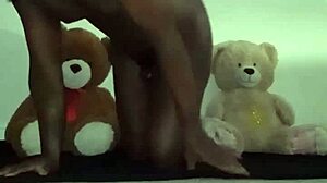 threesome fun with brown and caucasian furry toy bears