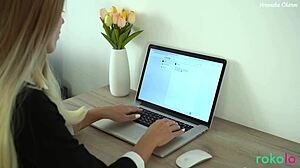 Sexy blonde moaned sweetly as I fucked her shaved pussy on desk