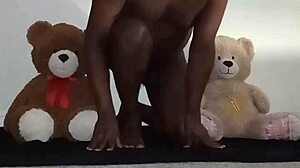 threesome fun with brown and caucasian furry toy bears