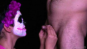 Brunette Wife Gives Blowjob And Facial On Halloween