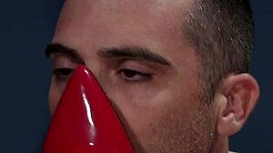 Mistress in stockings really anal fucks her bound slave with dildo.