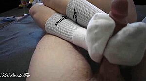 sexy footjob in long socks with miley grey feels so erotic