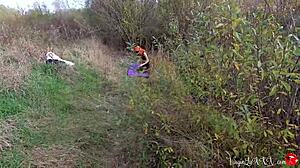 Kitty eagerly sucks a stranger's dick and gets doggy fucked outdoors.