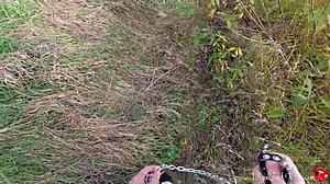 Kitty eagerly sucks a stranger's dick and gets doggy fucked outdoors.