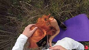 Kitty eagerly sucks a stranger's dick and gets doggy fucked outdoors.