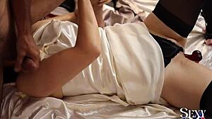 French Amateur Slut Clothed in Satin Dress Bent Over for Rough Doggy Fuck, Deepthroat, and Anal Finger!