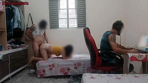 Amigo fucks curvy girlfriend's tight pussy roughly while nerd plays games!