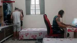 Amigo fucks curvy girlfriend's tight pussy roughly while nerd plays games!