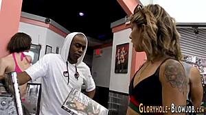 Gloryhole Babe SUCKING Huge Interracial Cock Hard