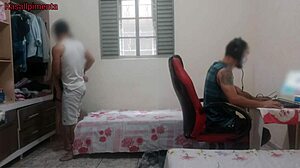 Amigo fucks curvy girlfriend's tight pussy roughly while nerd plays games!